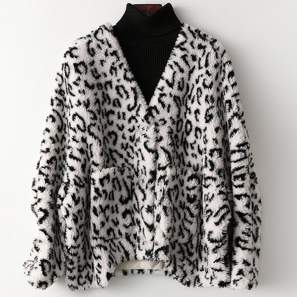 

women's trench coats 2021 female witner autumn wool leather jacket loose leopard with neckline v c59, Tan;black