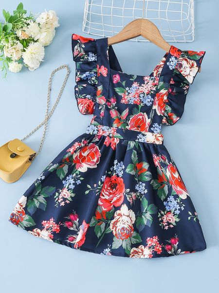 

toddler girls floral print square neck ruffle trim overall dress she, Red;yellow