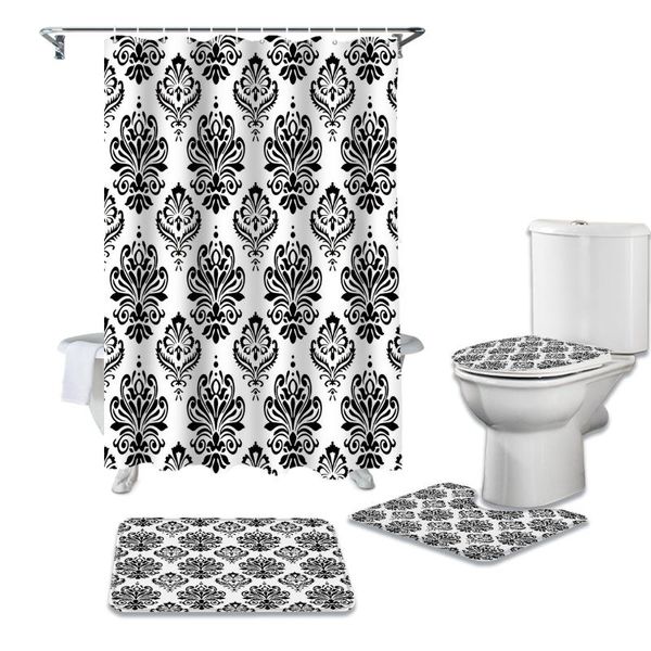 

shower curtains black jacquard retro european white bathroom curtain set bath mat sets with hooks pedestal rug toilet cover