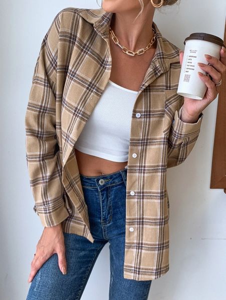 

plaid print button front blouse y75n#, White