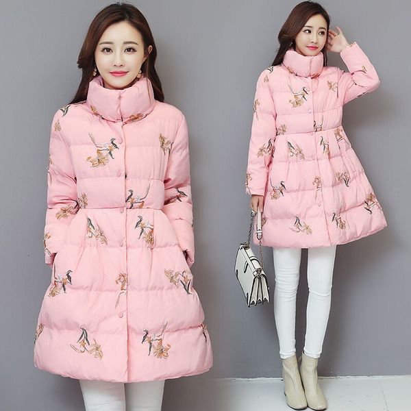 

down Winter ladies mid-length women's fashion printed slim padded coat women, Black