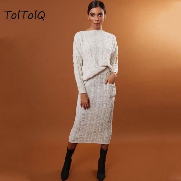 

women's two piece pants toltolq 2 set long sleeve and skirt sweater casual autumn winter knitted suits club elegant women, White