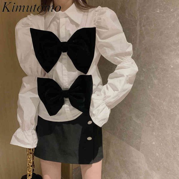 

kimutomo women patchwork velvet bow blouse spring autumn chic female turn-down collar puff sleeve shirt outwear elegant 210521, White