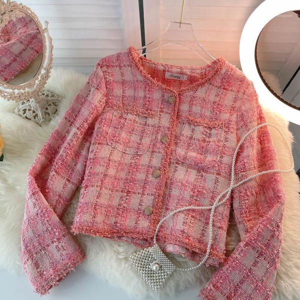 

women's jackets 2021 autumn and winter fashion short coat slim long-sleeved plaid retro elegant tassel single-breasted tweed, Black;brown