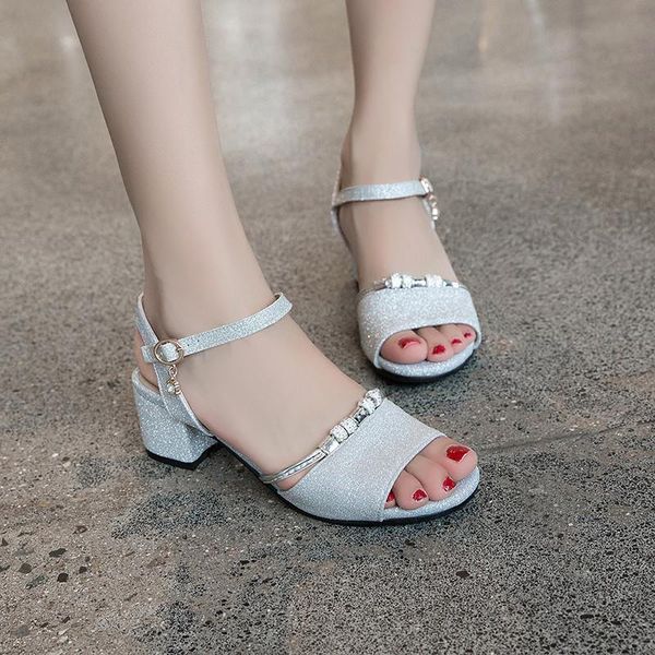 

arrival women sandals summer 2021 hing heel crystal ball design block shoes gold silver chunky heels daily shoe dress, Black
