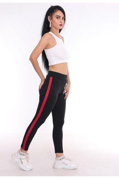 

women's leggings black red striped cotton knit tights art9091