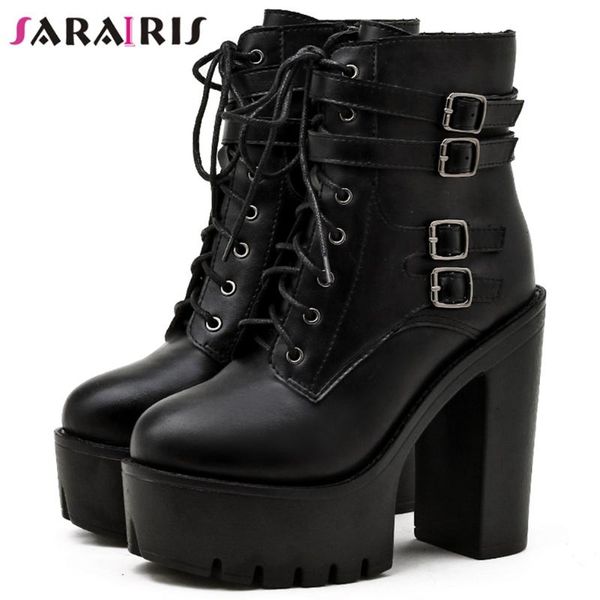 

boots sarairis arrival female balck lace up zipper platform ankle women square high heel cool fshion shoes woman, Black