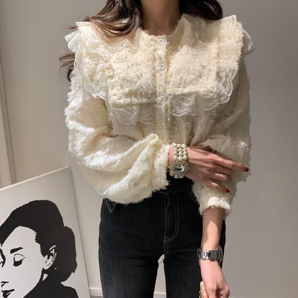 

women's blouses & shirts 2021 spring korean ruffled collar women long sleeve lace patchwork jacquard elegant fashion, White