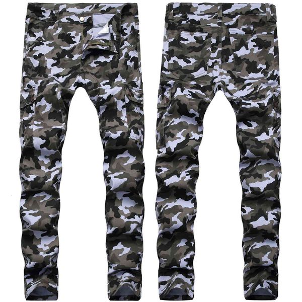 

Men's Jeans Camouflage Slim Fitting Streetwear Skinny Demin Pants with Pockets Casual Cargo for Males KE61, Blue