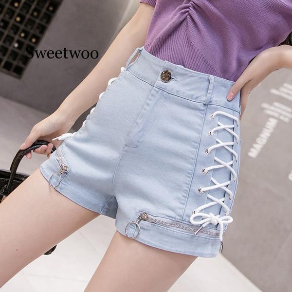 

summer beach denim lace up shorts zipper design high waist womens fashion casual cotton 3 solid colors 2021 women's, White;black