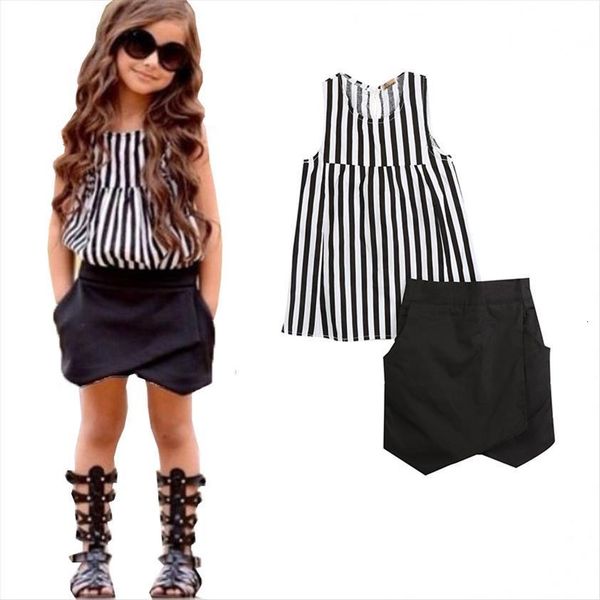 

striped selling 2pcs baby kids girls summer clothes sleeveless blouse asymmetric shorts outfits clothing set 2~7t, White