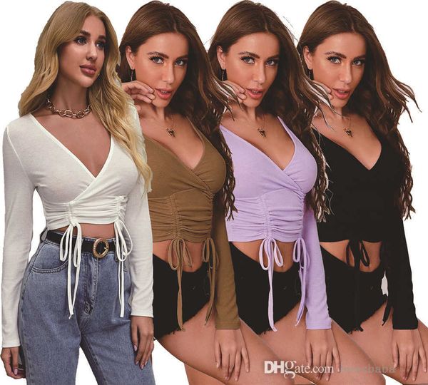 

2023 spring sets women womens t-shirt fashion pullover v-neck long sleeve solid drawcord short temperament commuter ladies, White