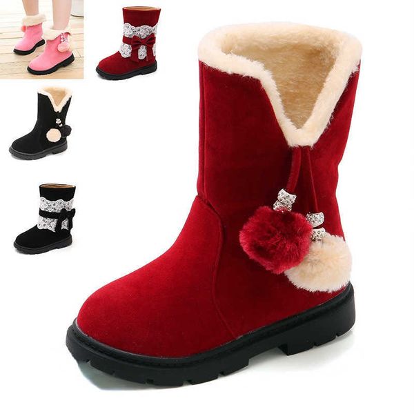 Зимние девушки снежные сапоги плюш теплый размер 26-37 детские коленные ботинки Ball Ball Girl Girl Princess Shoes Antiplip STM029 211228