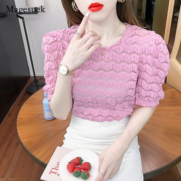 

women's blouses & shirts korean hollow lace loose short sleeve women shirt blousessummer fashion blouse elegant solid pink t-shirt blus, White