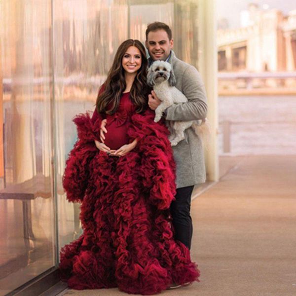 

casual dresses luxury puffy burgundy tulle maternity women dress with flare sleeves classic ruffles tiered pregnancy gowns long robes jacket, Black;gray