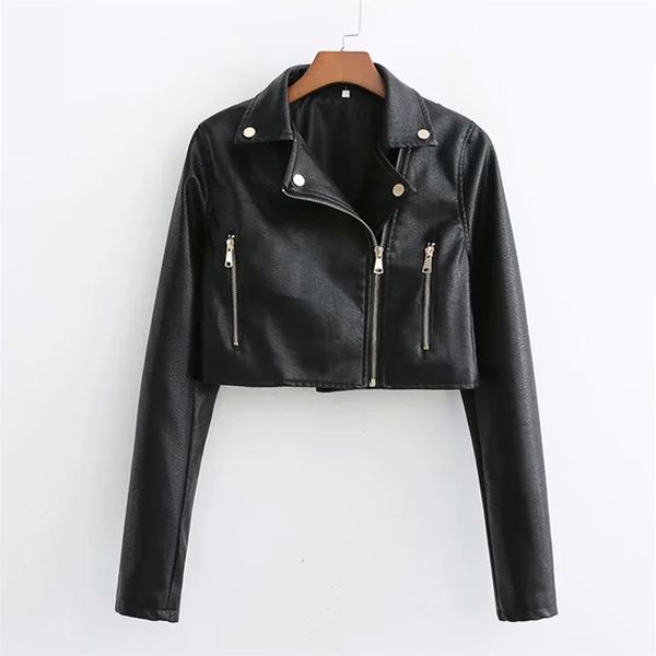 

women autumn winter faux leather jackets zipper short basic coat turn-down collar motor biker jacket plus size outerwear 210422, Black