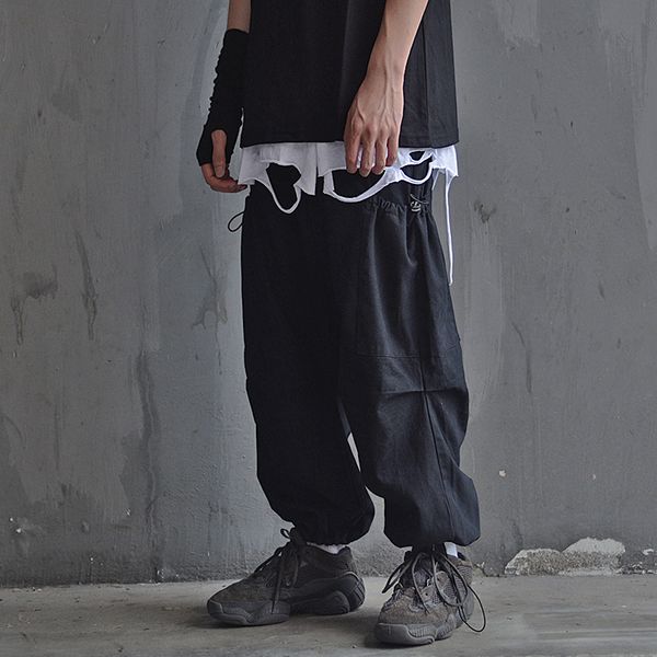 

pants trousers wide legged overalls men's kanye high street trendy elastic waist hip hop loose necked capris, Black