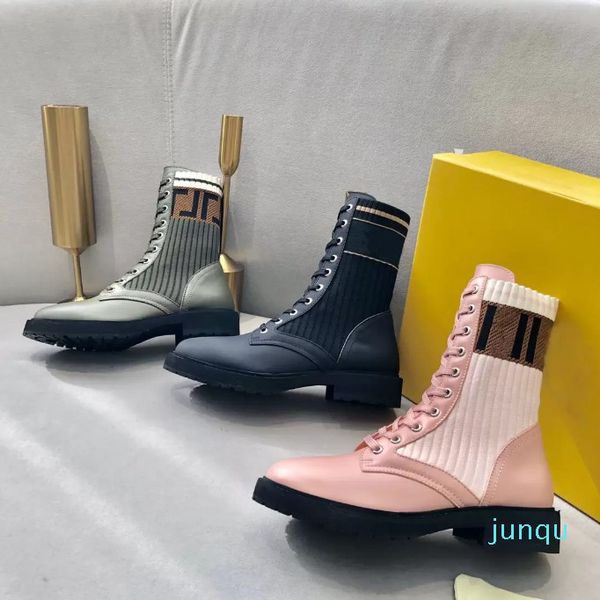 

2021 rockoko boots knitted stretch martin black leather knight women short boot design casual shoes size35 40