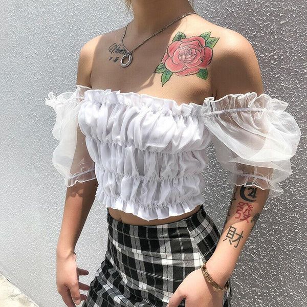 

vintage women ruffle puff sleeve off shoulder square neck tank summer casual lace stretch tulle blouse women's blouses & shirts, White