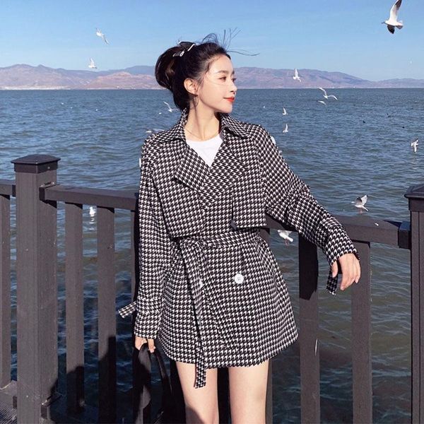 

women's wool & blends autumn winter british style jacket korean retro houndstooth short ladies woolen coat, Black