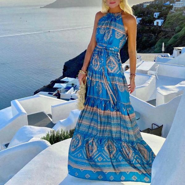

casual dresses printed mid-waist long skirt halter-neck blue holiday style dress, Black;gray