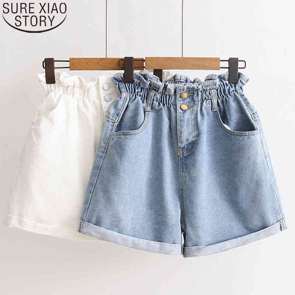 

plus size women blue denim loose summer korean elastic high waist jeans shorts wide leg short ladies 9511 210417, White;black