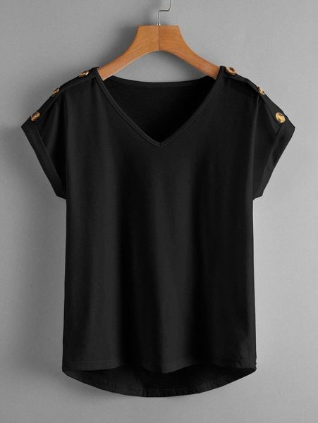 

plus button detail v-neck tee f3xu#, Black