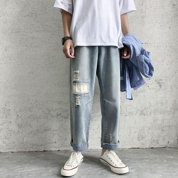 

men's jeans korean fashion men wide leg autumn streetwear straight baggy denim pants falling sense patch hole male trousers, Blue