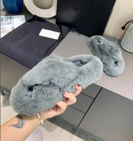 

100% hair slippers women's household rex flat female fur, Black