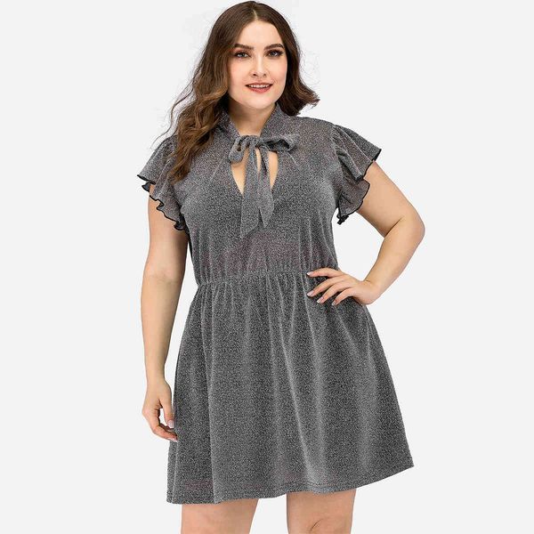 

women's plus size hy86210 loose solid color bow shows thin casual v-ne skirt