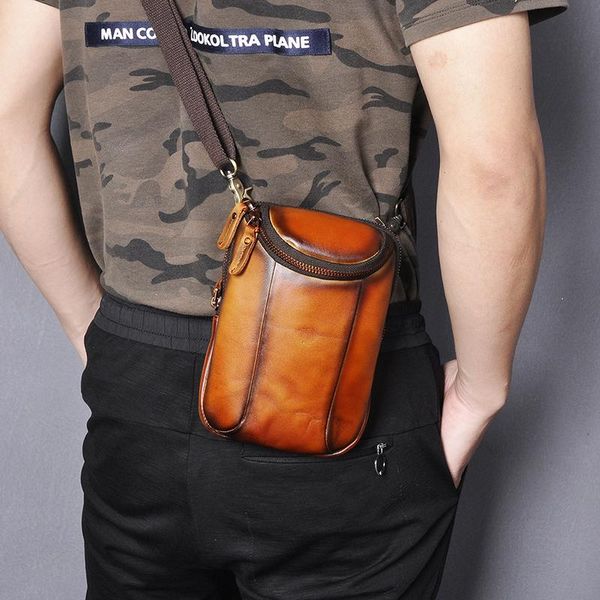

waist bags trend genuine leather men casual fashion small messenger bag designer hook fanny belt pack cigarette case 611-25