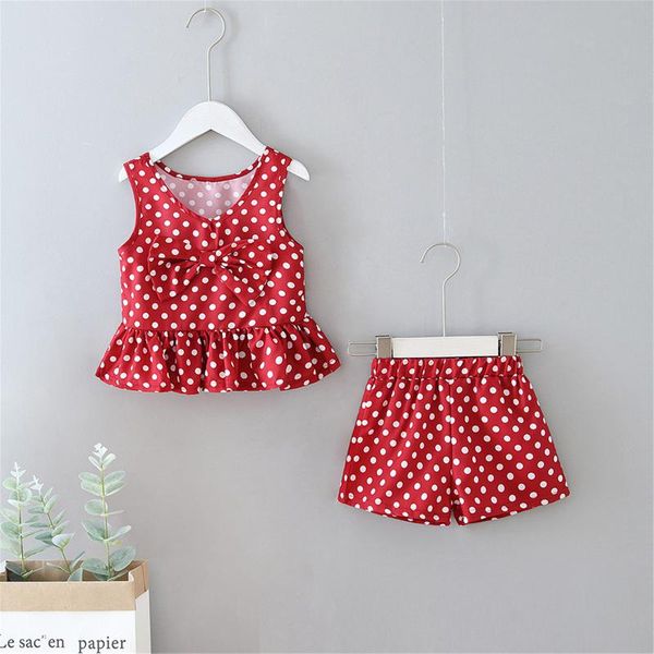 

girls casual two-piece clothes set, red sleeveless v-neck + elastic waist shorts clothing sets, White