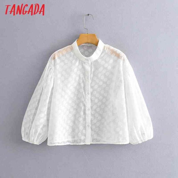 

women white dots blouse short style fashion mesh patchwork transparent long sleeve shirts female chic qj104 210416