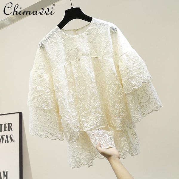 

women's blouses & shirts oversize loose organza embroidery fashion 3/4 sleeves princess shirt 2021 summer laminated doll feminine blous, White
