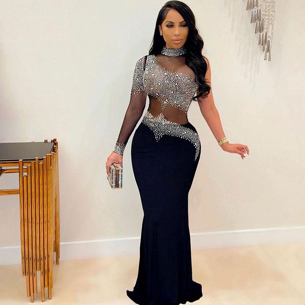 

casual dresses crystal rhinestone bodycon maxi dress women wedding evening one sleeve mesh see through patchwork night party club, Black;gray