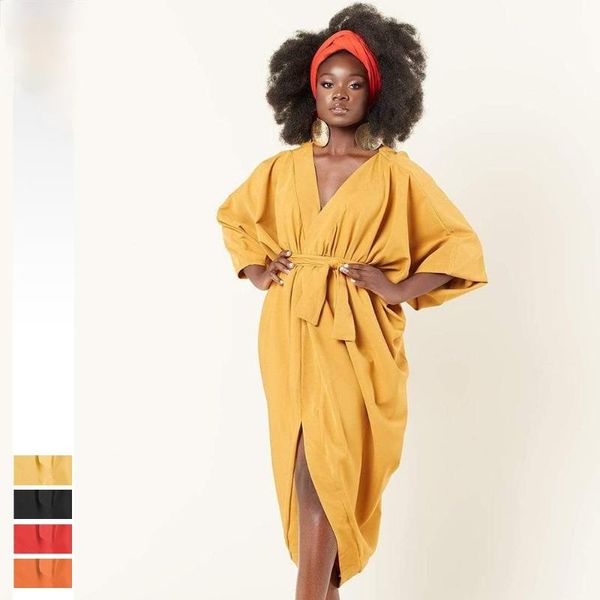 

women's sleepwear 2021 homewear pure color fashion casual loose comfortable v-neck cardigan nine-sleeve robe nightgown, Black;red