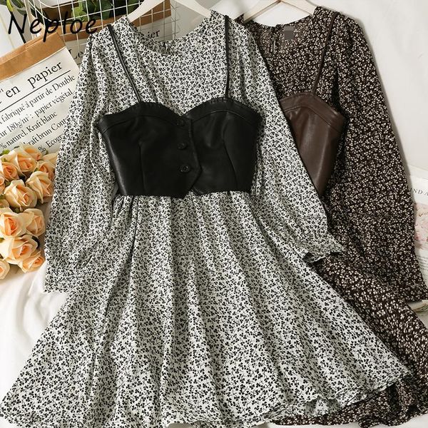 

casual dresses neploe 2021 dress two-piece suits retro pu leather outer wear camisole + high waist mid-length floral long-sleeve, Black;gray