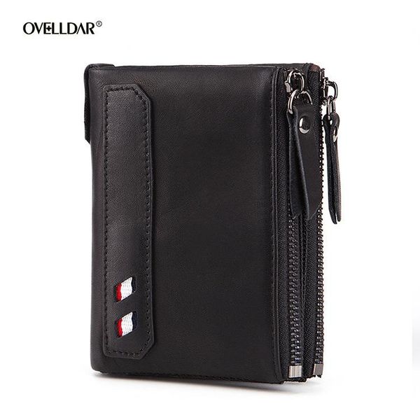 

leather wallet rfid anti-theft brush fashion casual short men's double zipper large capacity coin purse wallets, Red;black