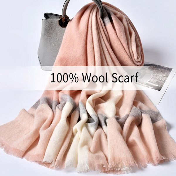 

scarves plaid scarf 100% pure wool women 2021 luxury winter shawls and wraps female large warm pashmina echarpe, Blue;gray