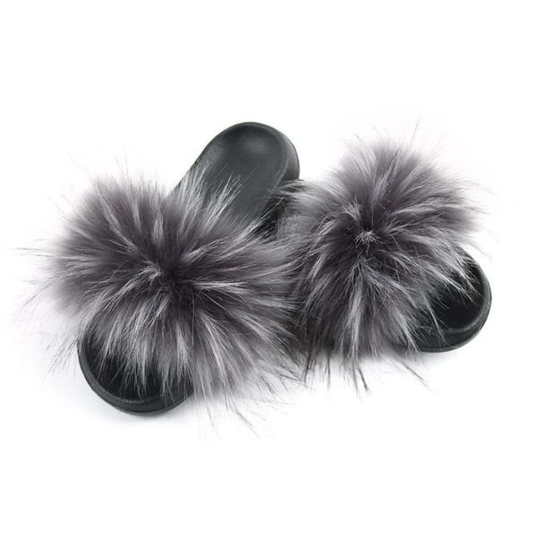

fluffy faux fur slides women slippers furry raccoon sandals fake flip flops home fuzzy woman casual plush shoes, Black