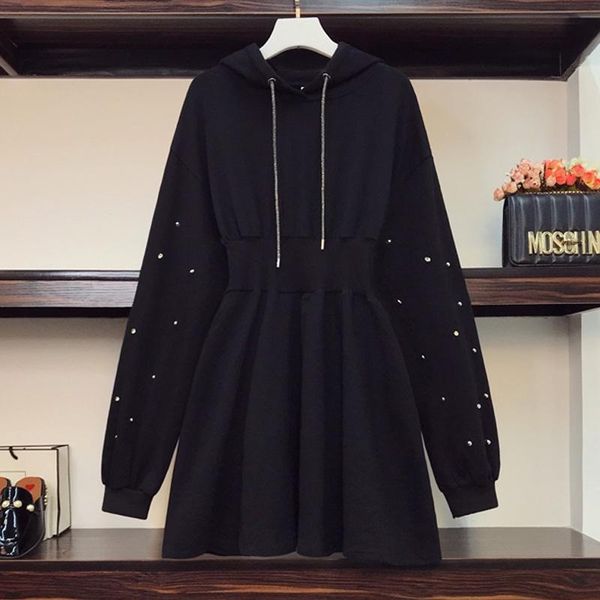 

casual dresses 4xl plus size women fashion beading autumn dress winter 2021 long sleeve hooded loose sweatshirts black, Black;gray