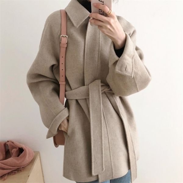 

women elegant wool coat autumn winter long sleeve turn down collar korean ladies single-breasted outwear 210525, Black