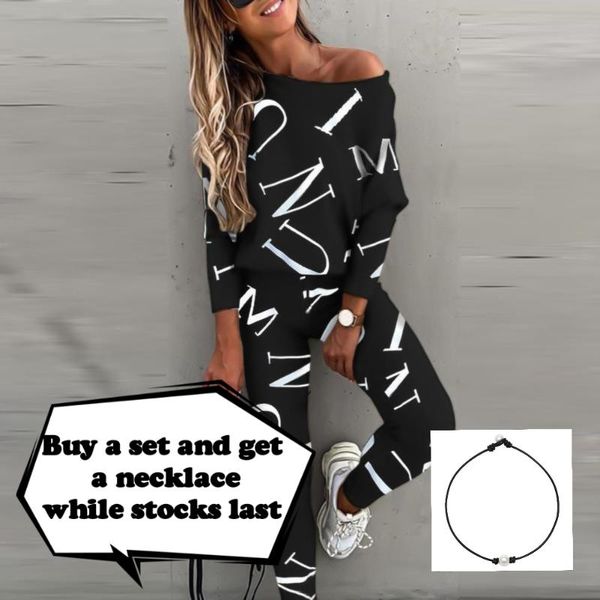 

women's hoodies & sweatshirts 2021 spring autumn casual outfit letters print long sleeve women blouse pants tracksuit for sports 2 piec, Black