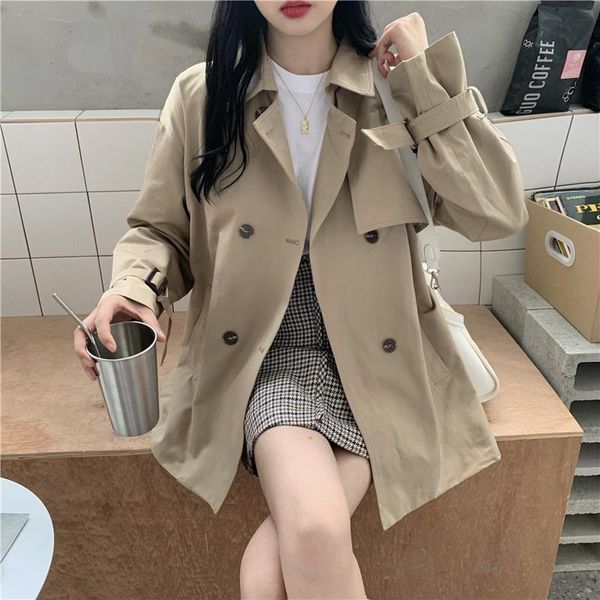 

women's trench coats small windbreaker middle and long spring autumn 2021 khaki british style design sense of coat, Tan;black