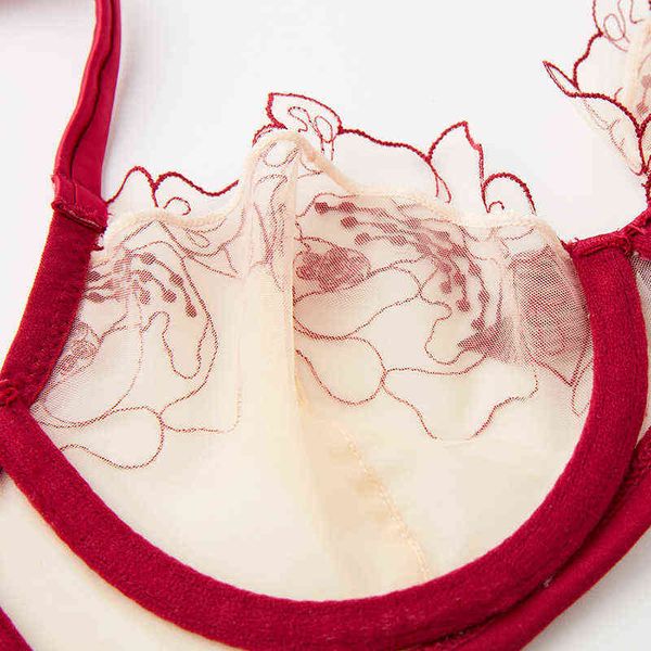 

nxy setfrench lingerie set women' bra lace mesh embroidery transparent ultra-thin large size 1129, Red;black