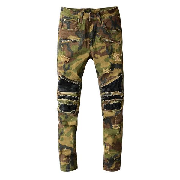 

men's jeans european american street trend camouflage style big hole in the knee and leather patch stretch slim feet 1096, Blue