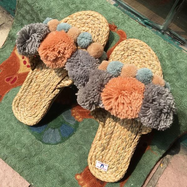 

sandals 25 color women hand made slippers flip flops colored wool ball straw shoes sandalias de verano para icff, Black