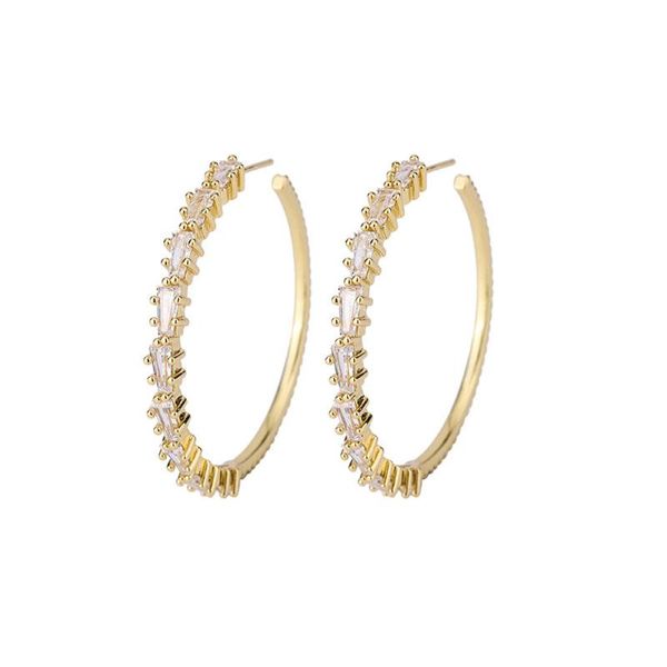 

european jewerly copper prong micro inlaid zircon gold color big hoop earrings for women & huggie, Golden;silver