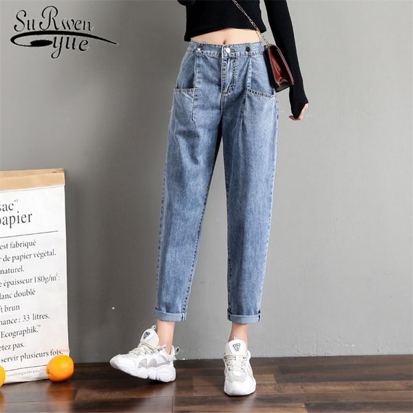 

casual high waist jeans fashion women autumn loose office lady cotton harem denim trousers with multi-pockets 10730 210510, Blue