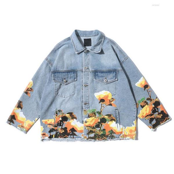

mens hip hop flower printed denim jackets coats fashion loose casual jeans jackets outwear male streetwear, Black;brown